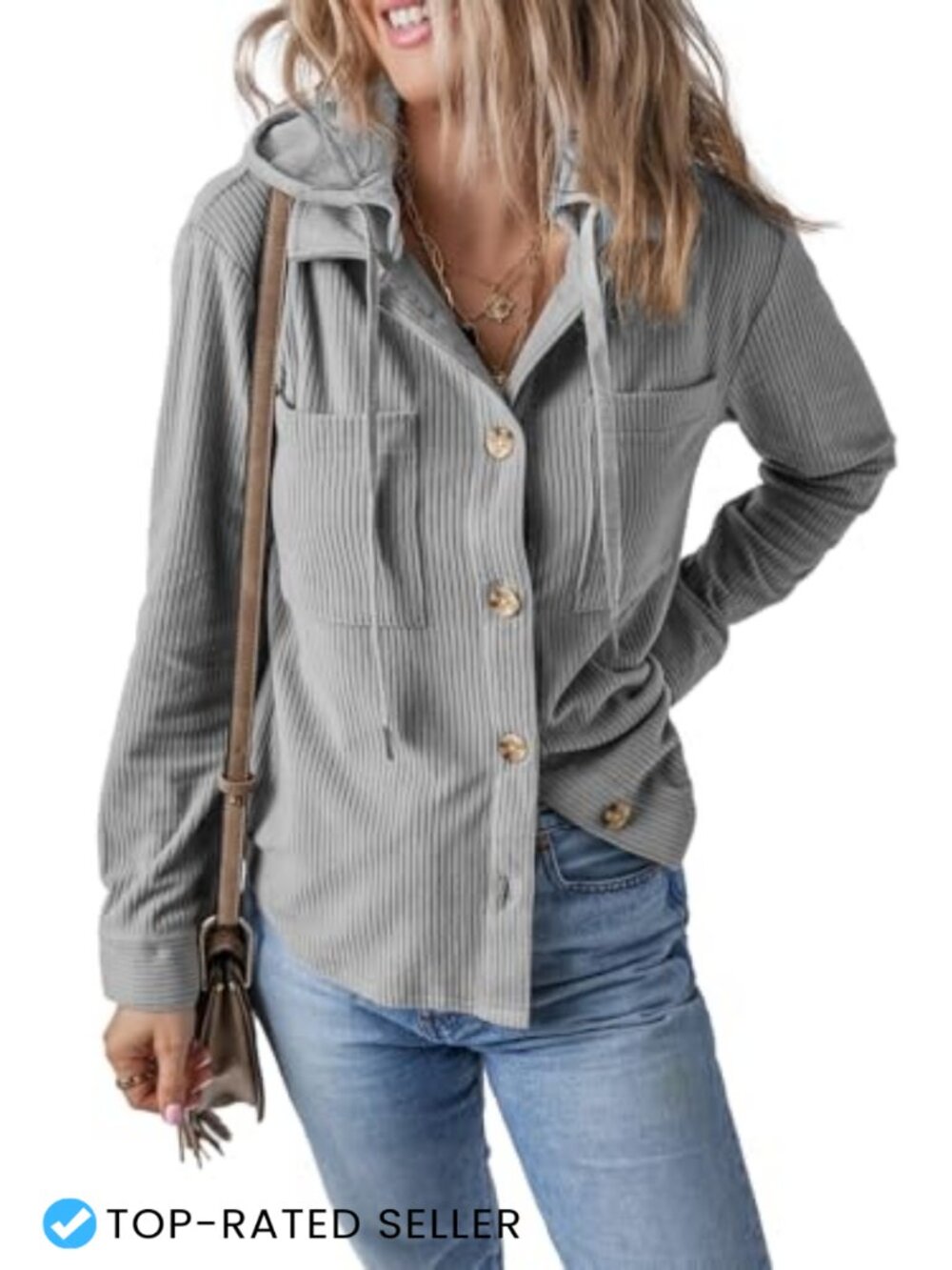 HERILIOS Women Long Sleeve Shacket Jacket Button Down Corduroy Hooded Coats